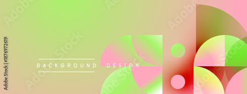 Abstract background features vibrant gradients, geometric shapes, circles, lines. Modern design, soft colors create smooth visual effect.
