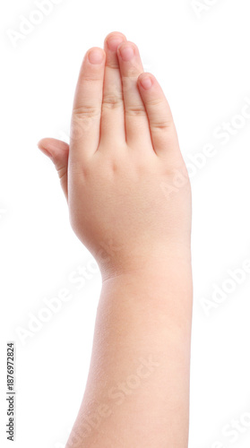 Obraz na płótnie Little girl showing palm on white background, closeup