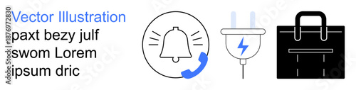 Communication tools, power supply, work essentials, alerts, connectivity, technology. Minimalist icons include bell with phone symbol, power plug and briefcase. Communication and power concepts