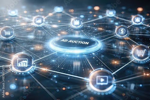 Interconnected Digital Networks Visualizing Ad Auction Dynamics Across Multiple Data Points and Market Trends Demonstrating Data Driven Decision Making Insights