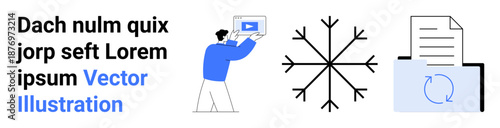 Person holding a screen with play icon, snowflake design, and rotating arrows on document. Ideal for technology, streaming, weather, updates, content creation, sustainability simple landing page