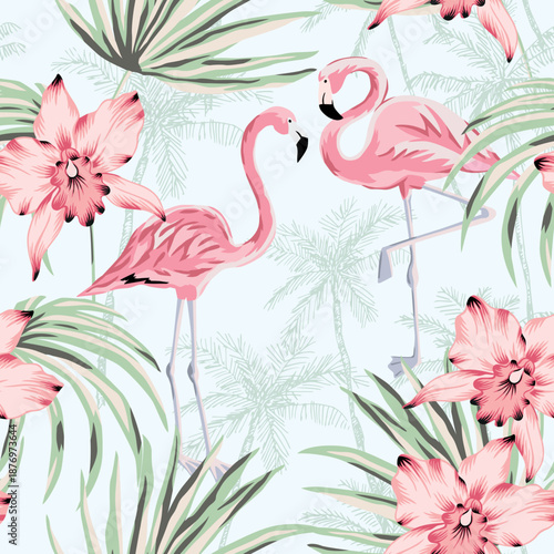 Tropical pink flamingo, orchid flowers, palm leaves, light background. Vector seamless pattern. Floral illustration. Exotic plants, birds. Summer beach design. Paradise nature