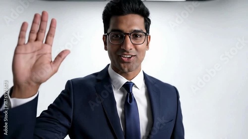 Confident businessman greeting with a friendly wave in modern office