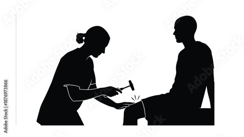 Silhouette of a doctor examining a patient's knee with a reflex hammer