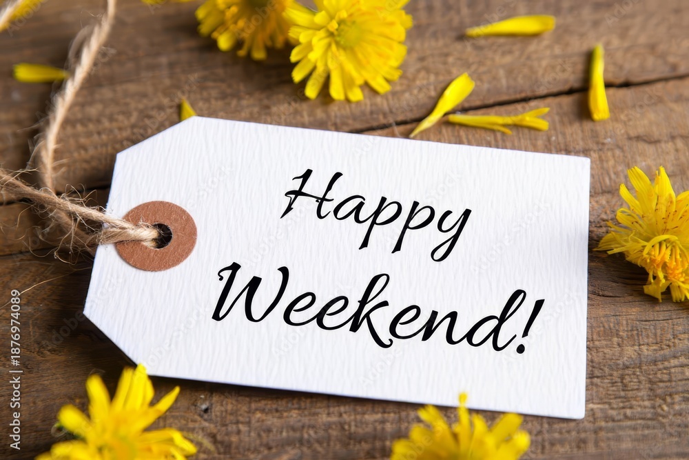 Naklejka premium White Banner with the Words Happy Weekend on it and many yellow Flowers.