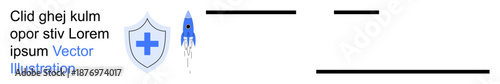 Healthcare innovation, technological advancement, digital security, futuristic design, startup concepts, medical reliability. Blue shield with a plus and a rocket. Healthcare innovation