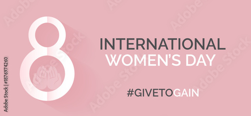 International Women’s Day 2026 horizontal vector banner showing a stylized 8 symbol with open hands, symbolizing care, power, feminism, activism, creative concept illustration for graphic, digital,web
