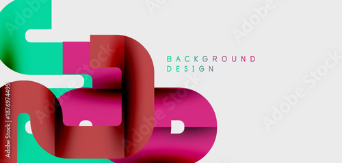 Abstract geometric shapes overlap, creating vibrant layered design. Pink, teal hues dominate neutral backdrop. Modern aesthetic.