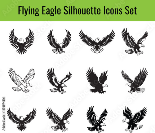 Flying Eagle Silhouette Icons Set in Black and White, Detailed Bald Eagle Poses, Vector Style Illustration