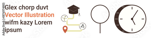 Education, time management, academic planning, navigation, future goals, learning processes. Graduation cap with connected icons, clock symbol. Education and academic planning concept
