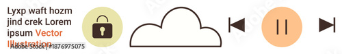 Data protection, cloud computing, multimedia control, user interface design, digital access, internet security. Lock icon, cloud symbol multimedia buttons. Cloud computing and data protection