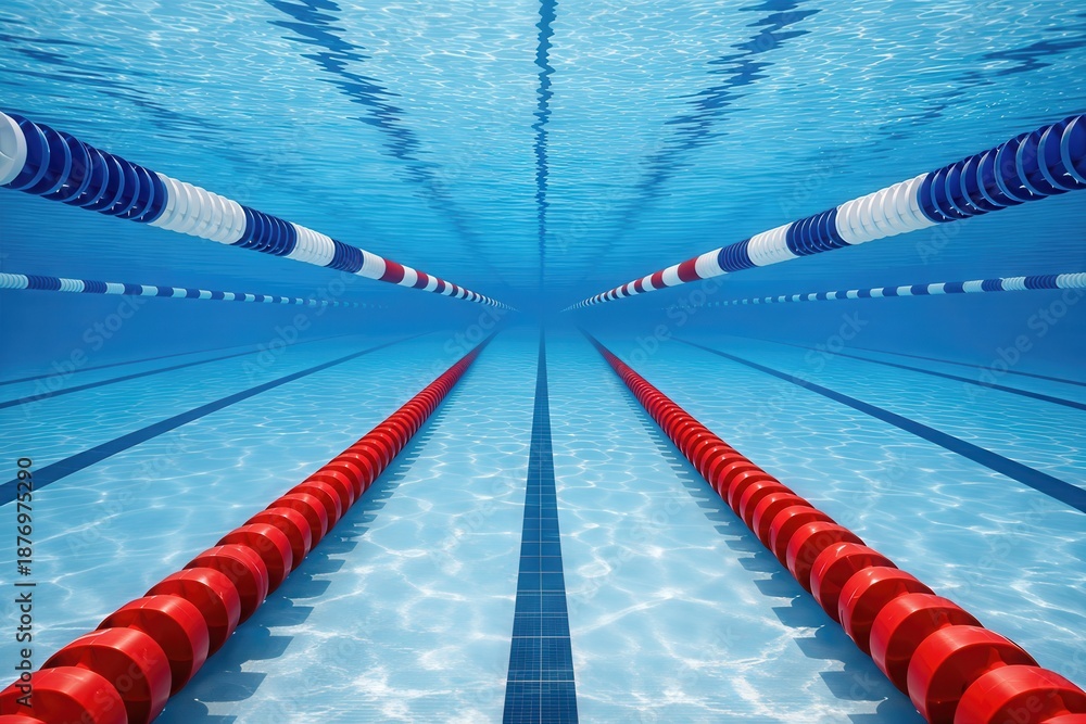 Obraz premium Underwater perspective of a swimming lane with colorful buoy markers creating a visual symphony that enhances aquatic training environments and promotes a sense of serenity and focus