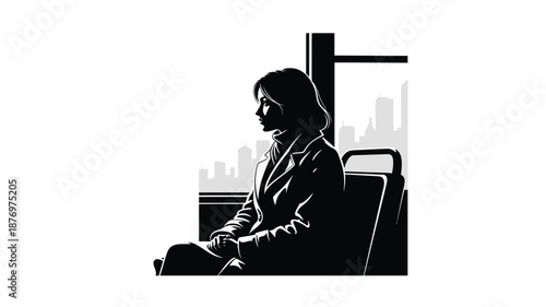 A solitary woman gazes out of a bus window at the city skyline lost in thought
