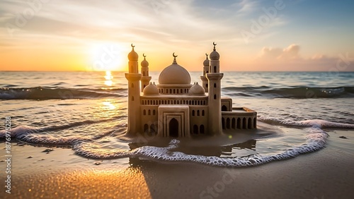 A majestic sand mosque bathed in the golden hues of a serene beach sunset