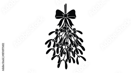 A simple black and white illustration of mistletoe with a decorative black bow above