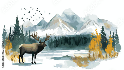 Denali National Park. Denali National Park hand drawn watercolor illustration