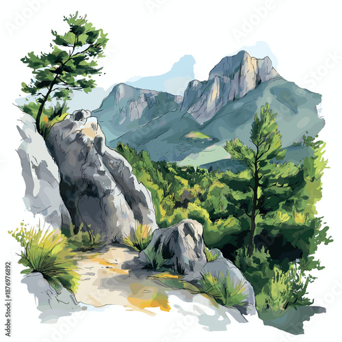Theth National Park. Theth National Park watercolor vector illustration