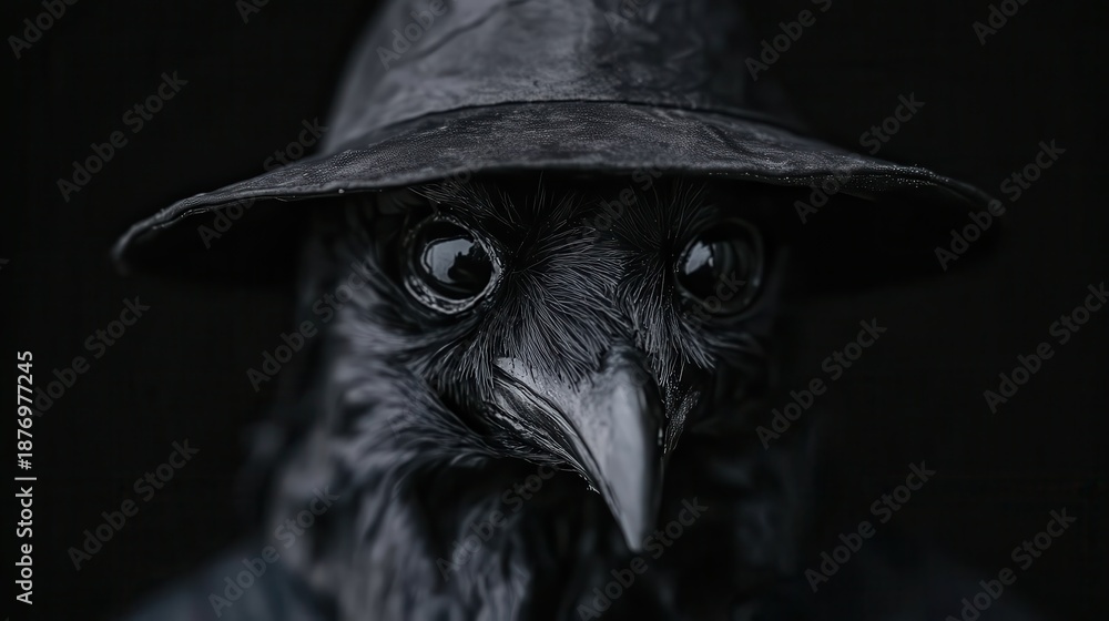 Naklejka premium A striking raven figure donning a distinctive wide-brimmed hat, capturing a sense of mystery and intrigue in its detailed, glossy appearance against a dark backdrop.