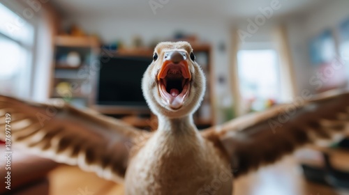 A delightful close-up of a duckling stretching its wings and quacking playfully in a cozy living room, showcasing its curiosity and charm against a warm domestic backdrop.