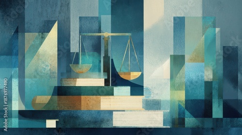 Wallpaper Mural Abstract scales of justice balanced on law books in a tranquil blue-toned digital painting Torontodigital.ca
