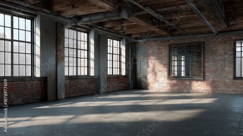 Wallpaper Mural Deserted brick studio space featuring tall factory windows, raw textures, and gritty urban design Torontodigital.ca