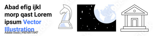 Business strategy, global economy, finance, banking, educational visuals, space . Chess knight, earth in space outline of a bank building. Strategy and global economy in finance and education