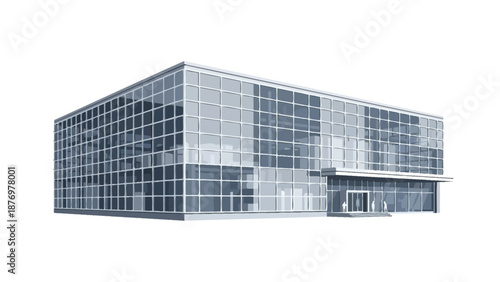 Sleek and contemporary commercial building featuring a striking glass facade, embodying modern architectural design perfect for corporate and urban business environments