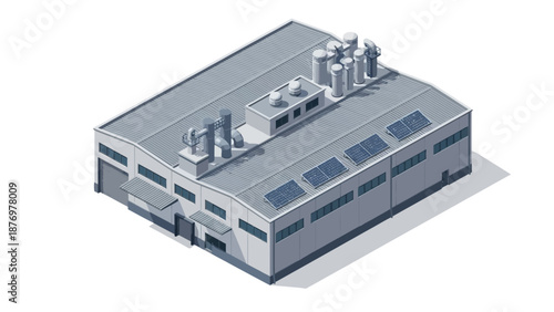 Modern isometric illustration of an industrial factory building, featuring a production facility with rooftop solar panels, symbolizing manufacturing, business, and efficiency