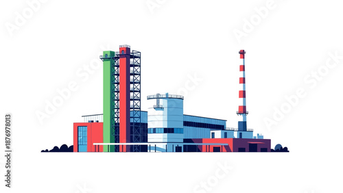 Modern industrial power plant vector illustration with diverse colorful structures and towering chimneys, symbolizing energy production and advanced technology
