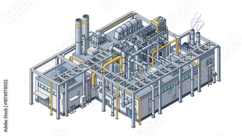 Isometric illustration of a modern industrial power plant, featuring intricate piping, operational machinery, and buildings for large-scale energy generation