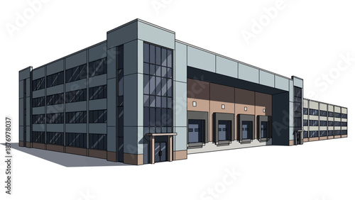 Modern multi-story commercial building illustration, showcasing contemporary architecture with large windows, an entrance, and loading docks, representing a business center or logistics facility