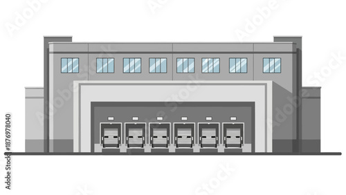 Modern Industrial Logistics Warehouse Building with Multiple Loading Docks. Contemporary storage facility for efficient goods distribution and supply chain operations
