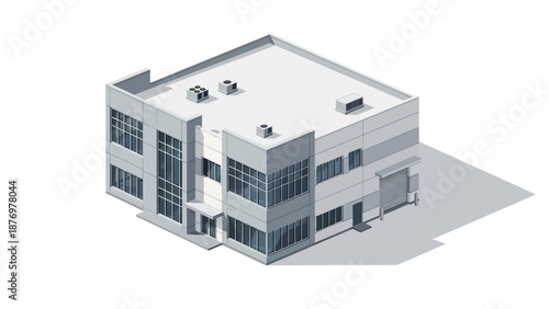Isometric vector illustration of a sleek, modern commercial building, symbolizing contemporary business operations, industrial logistics, and corporate real estate development