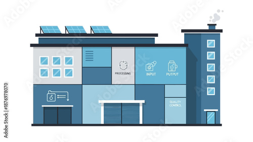 Visual representation of an efficient industrial manufacturing plant concept, illustrating various stages like input, processing, and output, integrated with renewable solar energy solutions
