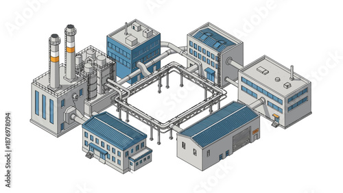 Isometric illustration of a modern industrial complex, showcasing interconnected factories and production facilities with automated processes and a central supply chain