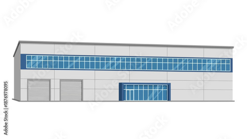 Modern flat design industrial warehouse building exterior featuring large reflective glass windows and multiple loading dock doors for business logistics and distribution