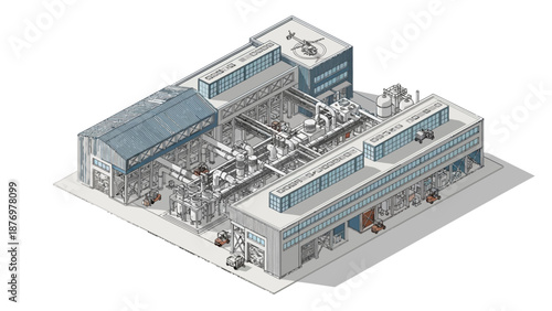 Detailed Isometric Illustration of a Modern Industrial Manufacturing Plant with Advanced Production Facilities, Logistics, and Sustainable Design Elements