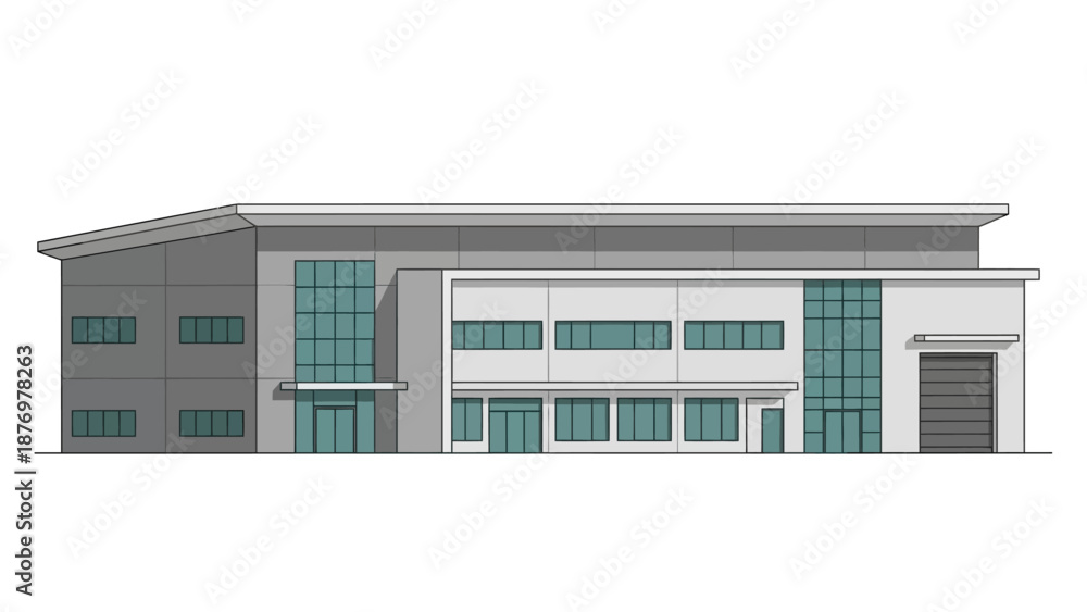 Fototapeta premium Modern Industrial Warehouse Building Facade with Multiple Windows and Doors