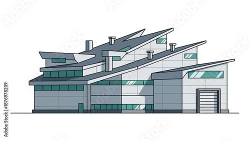 Modern industrial facility illustration with dynamic architectural design, symbolizing innovation, progress, and economic development within a contemporary urban landscape