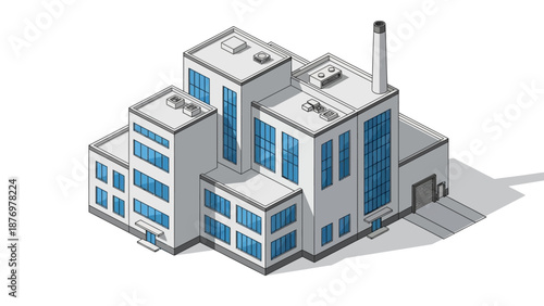 Isometric illustration of a modern industrial factory building. A clean vector graphic depicting a multi-level manufacturing facility with a prominent chimney