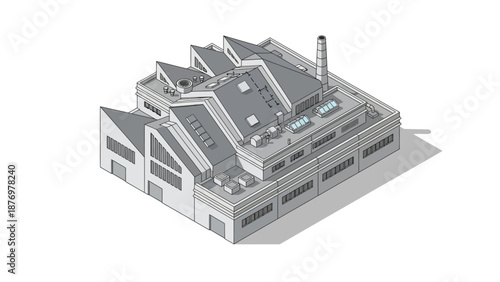 Isometric vector illustration of a modern industrial factory building with a detailed roof design and smokestack, representing a core facility for manufacturing and economic growth