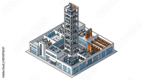 Isometric view of a modern industrial factory building with multiple levels and diverse machinery, representing manufacturing and production processes