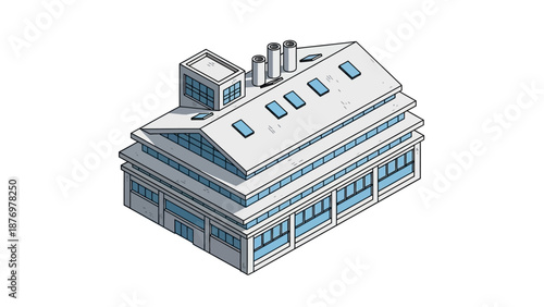 Isometric illustration of a modern industrial building with a contemporary design, representing manufacturing, business operations, and architectural innovation