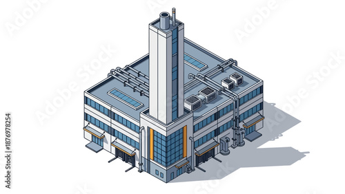 Modern industrial factory building with a tall chimney and ventilation system, showcasing contemporary architectural design and operational infrastructure