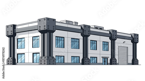 Modern industrial factory building illustration. Contemporary architectural design of a warehouse facility with prominent structural columns and a large roll-up door