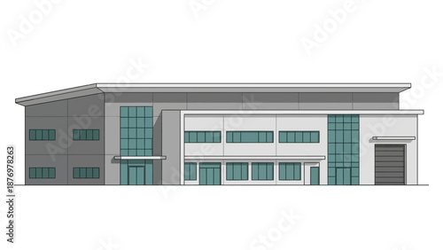 Modern Industrial Warehouse Building Facade with Multiple Windows and Doors