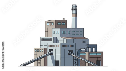 Industrial Power Plant Facility with Conveyor Belts and Smokestack