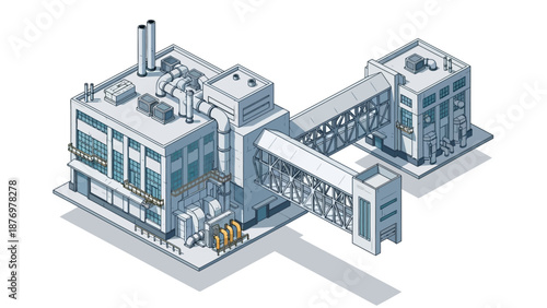 Modern Industrial Complex with Connecting Skybridge - Isometric View