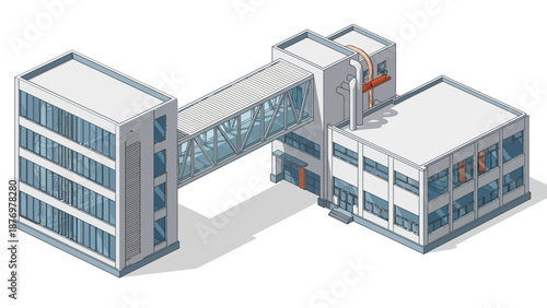 Modern Building Complex with Elevated Walkway Connecting Two Structures