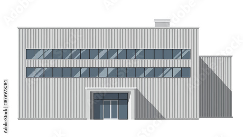 Modern industrial building with large windows and a prominent entrance, representing commercial real estate and business operations